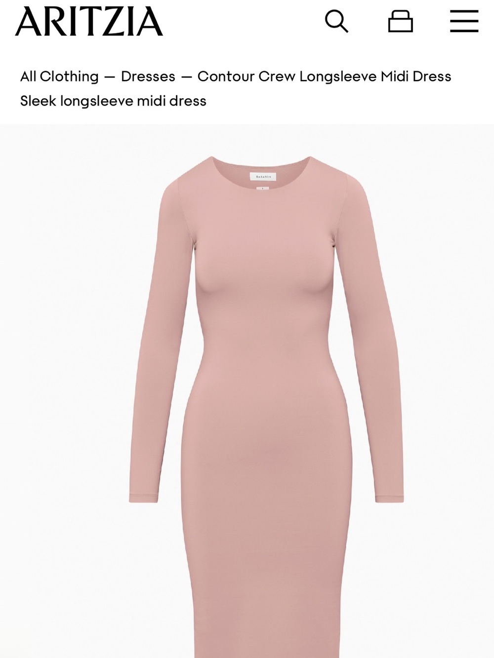 Aritzia Contour Crew Long Sleeve Midi Dress — Dusty Rose